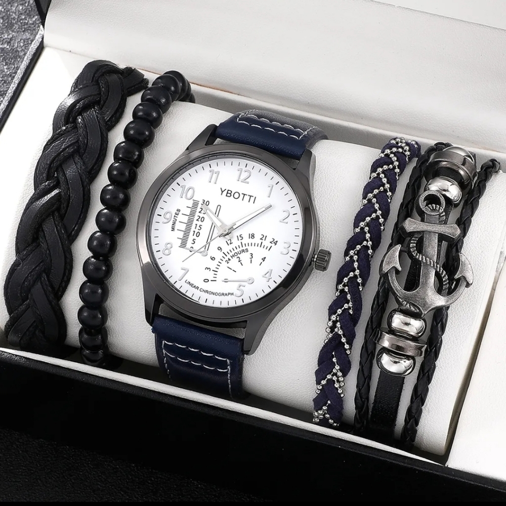 NWT Men's Blue Chic Round Pointer Quartz Watch & 4pcs Bracelets